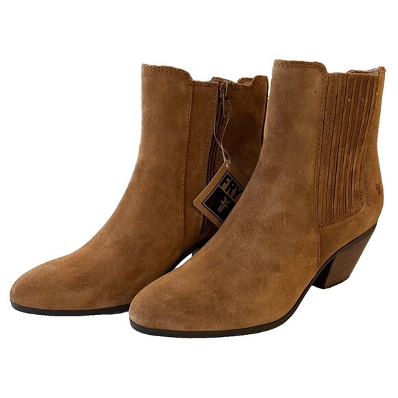 NEW Size 7.5 Frye Sandra Chelsea Block Heel Western Boots Cognac Suede Leather - Picture 1 of 11